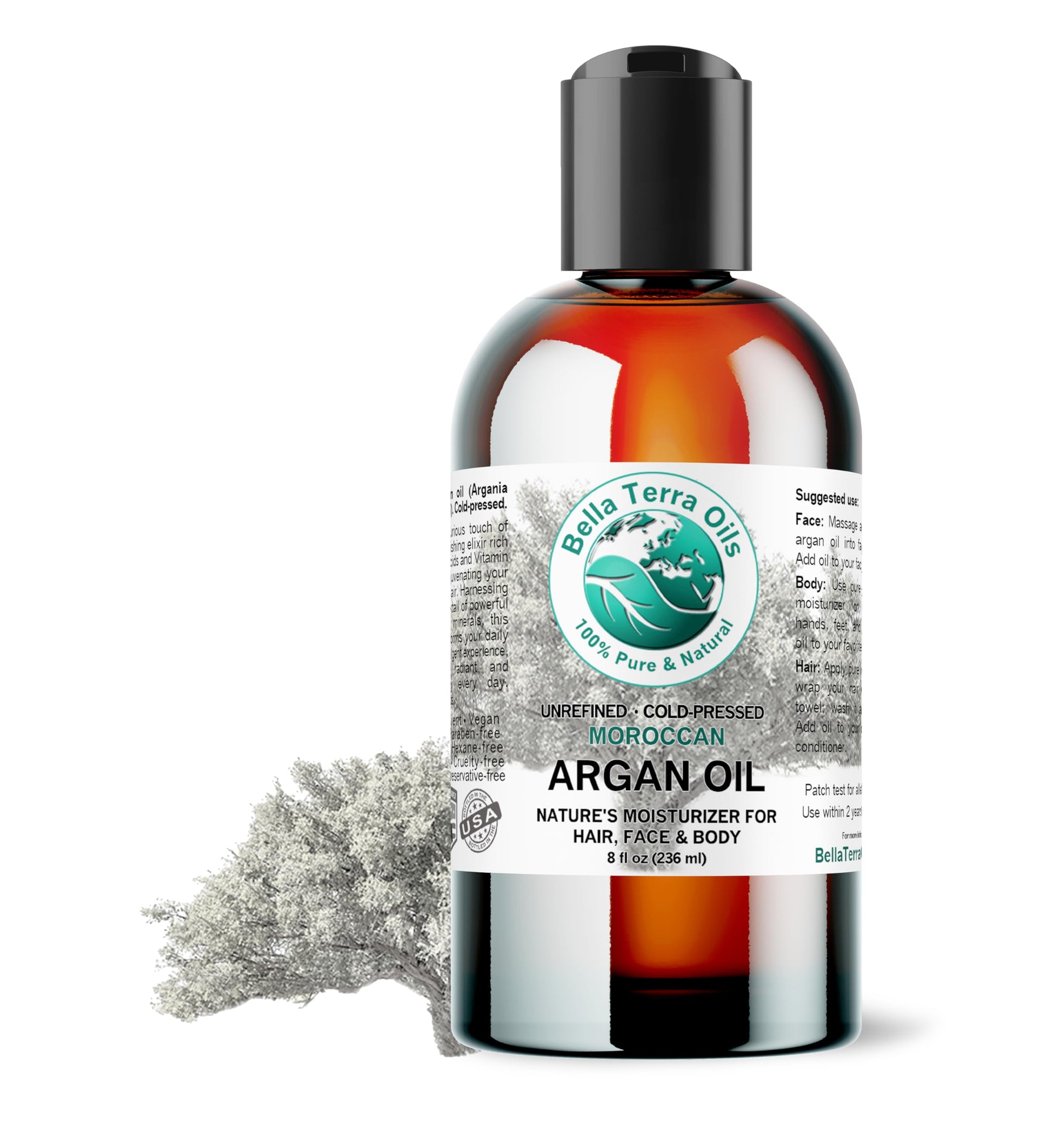 Argan oil 8 oz 100% Pure Moroccan Cold-pressed Organic Unrefined - Bella Terra Oils