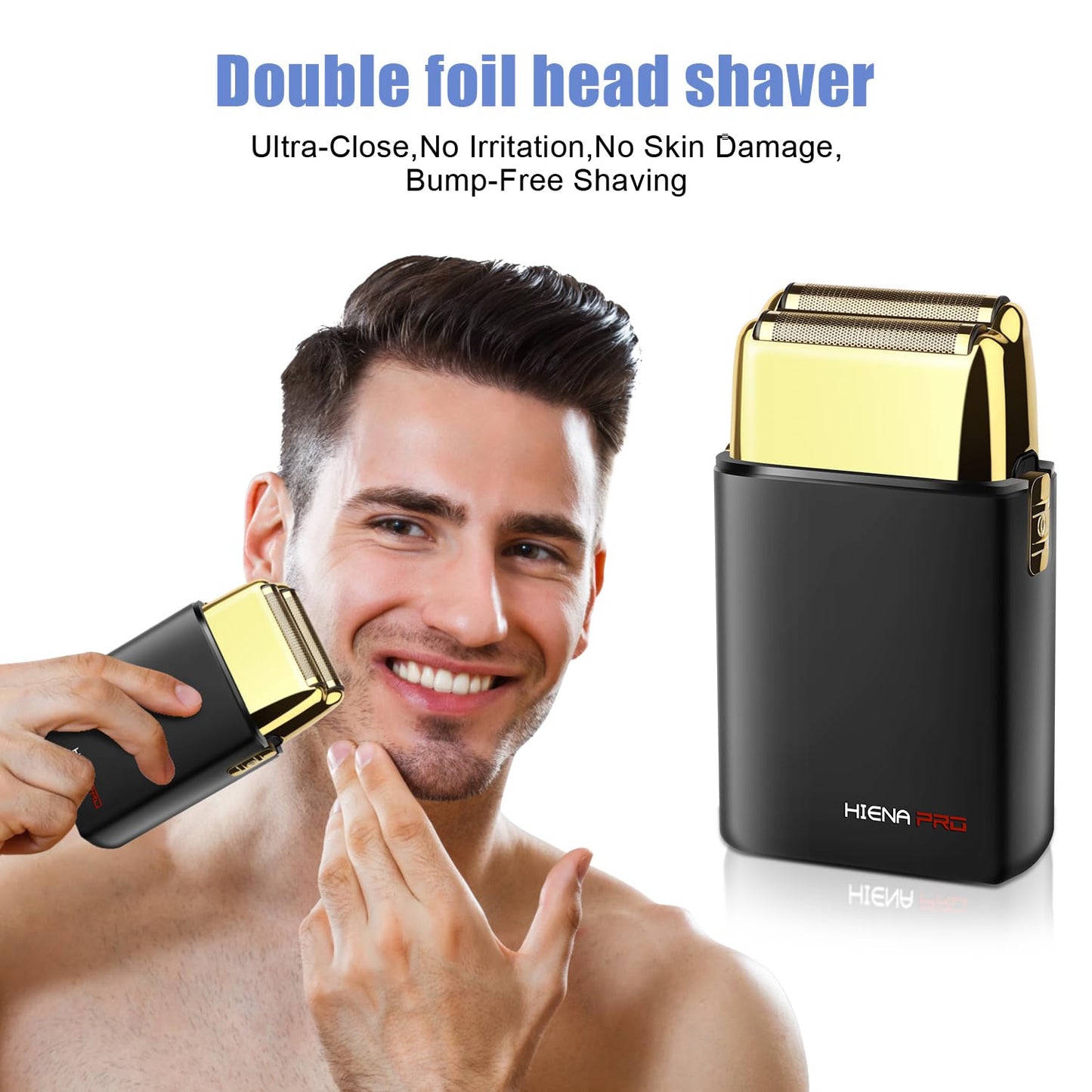 HIENA PRO Afeitadora de Lámina para Hombre Barbero, Doble Cortadora Eléctrica de Lámina, Maquinilla de Afeitar Eléctrica Profesional, Afeitadora Cerrada, Recargable Inalámbrica Con Usb, Oro Negro