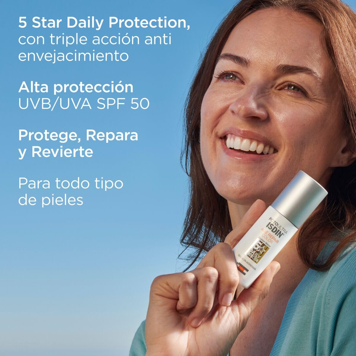 ISDIN - FotoUltra Age Repair Fusion Color Water SPF 50 - Protector solar facial de fase acuosa, triple acción anti-fotoenvejecimiento, con color, 50 ml