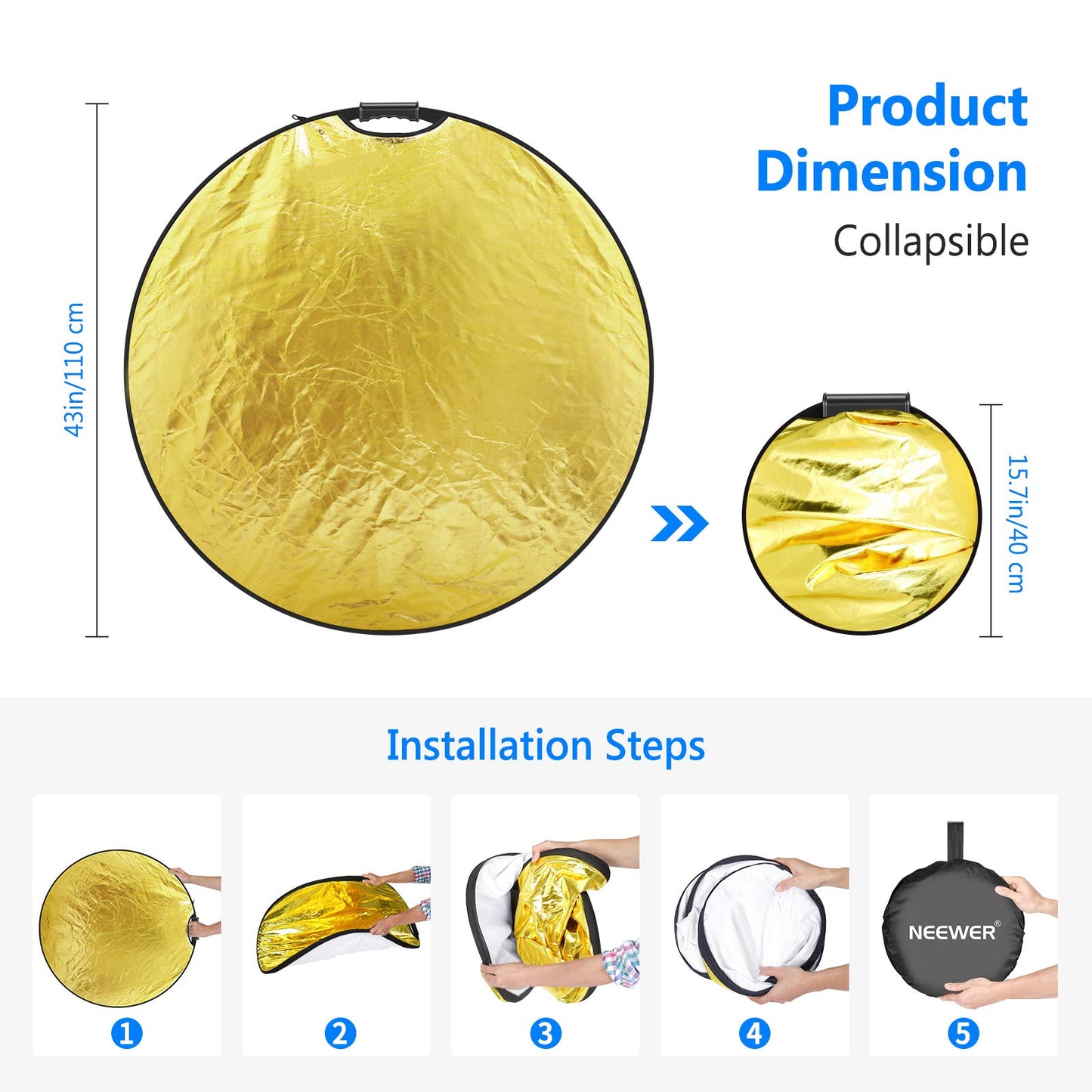 NEEWER 5-en-1 Reflector Luz Redondo Portátil 110CM Plegable Multidisco con Una Sola Empuñadura y Bolsa para Iluminación de Fotografía Estudio e Iluminación Exterior-Oro/Plata/Blanco/Negro/Translúcido