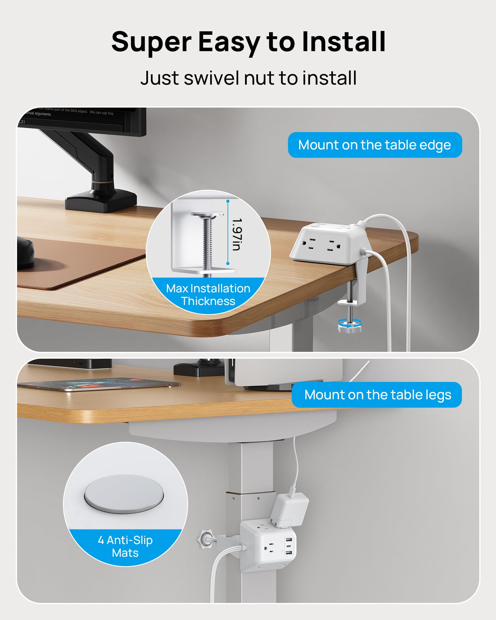 TROND Regleta Multicontacto con Abrazadera 1.8M, 5 Tomas AC y 3 Puertos USB, Protector de Sobretensión, Montaje en Escritorio, Apto para Mesas de 1.97", Ideal para Hogar, Oficina y Juegos,Blanco