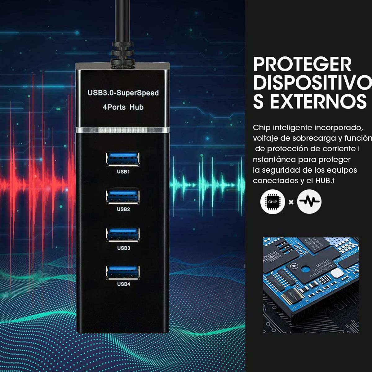 Hub USB 3.0 Sendowtek Negro SuperSpeed 5Gbps 4 Puertos para Multi Splitter Universal Compatible con Macbook, PC, PS4, Xbox, Memoria