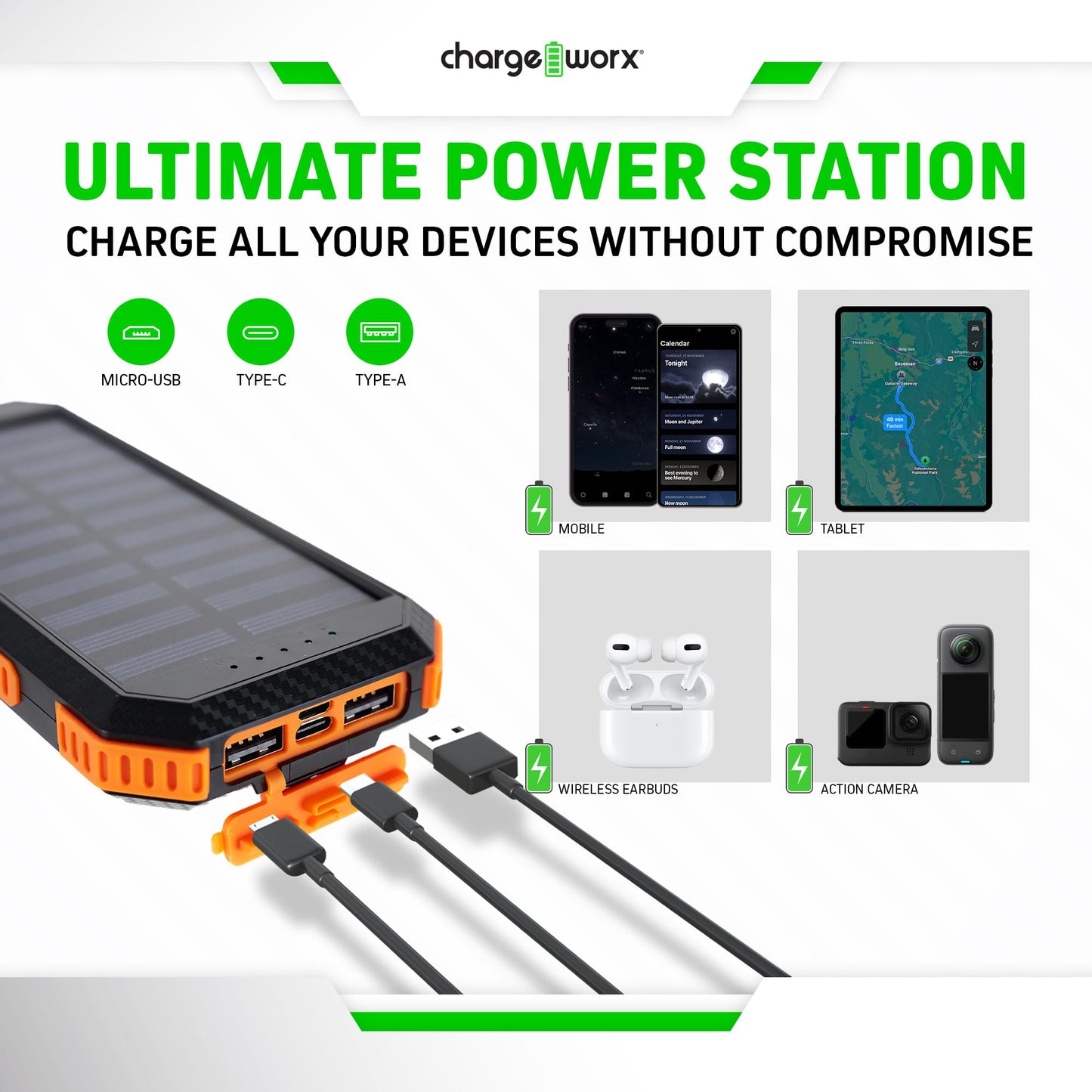 CHARGEWORX - Banco de energía Solar con 2 Puertos USB-A más Puertos de Carga USB-C y Micro-USB, Capacidad de 15.000 mAh, Incluye brújula y linternas LED duales, Ideal para Camping, Senderismo y más