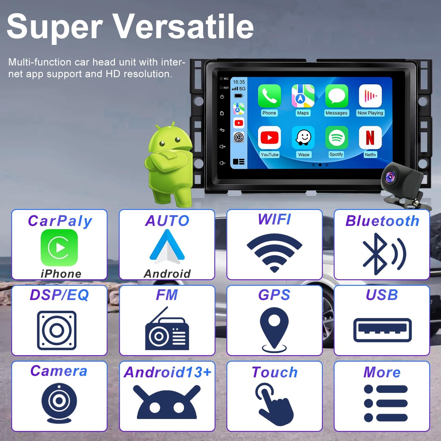 Actualización de Radio para Automóvil 5G WiFi para Chevy Chevrolet Malibu 2008 2009 2010 2011 2012, Principal Estéreo con Pantalla Táctil de 7 Pulgadas con CarPlay Inalámbrico, Android Auto, GPS