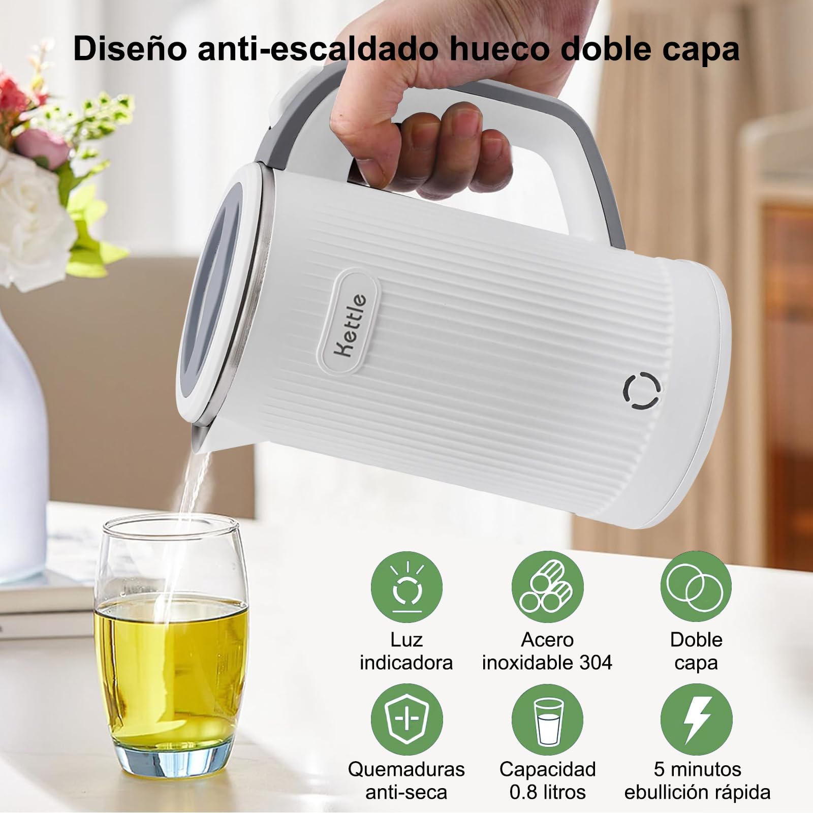 Tetera Eléctrica RYEWGRV Blanca Acero Inoxidable Portátil 0.8 L 600 W con Luz LED y Apagado Automático