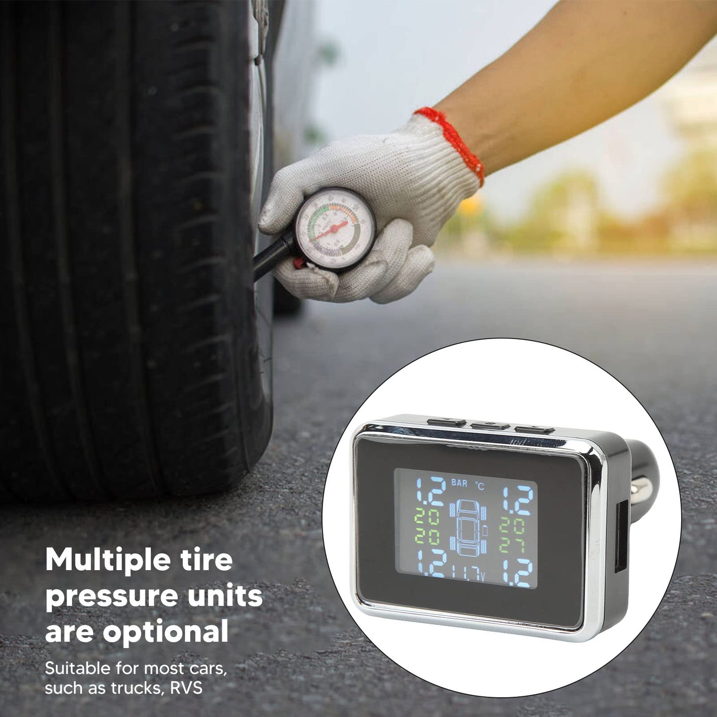 Monitor de Presión de Llantas TPMS Inalámbrico Señal Estable con Salida USB para camiones