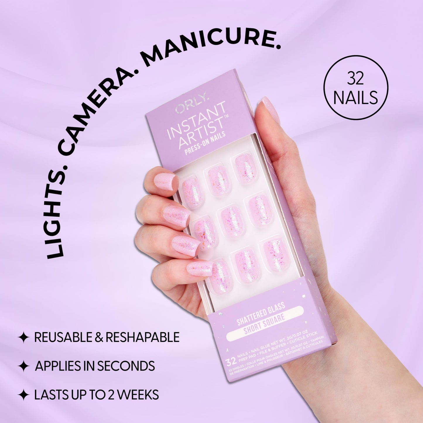 Orly Uñas postizas ORLY | Diseños almendrados, cuadrados, punta francesa, cortos y largos (vidrio roto [cuadrado corto])