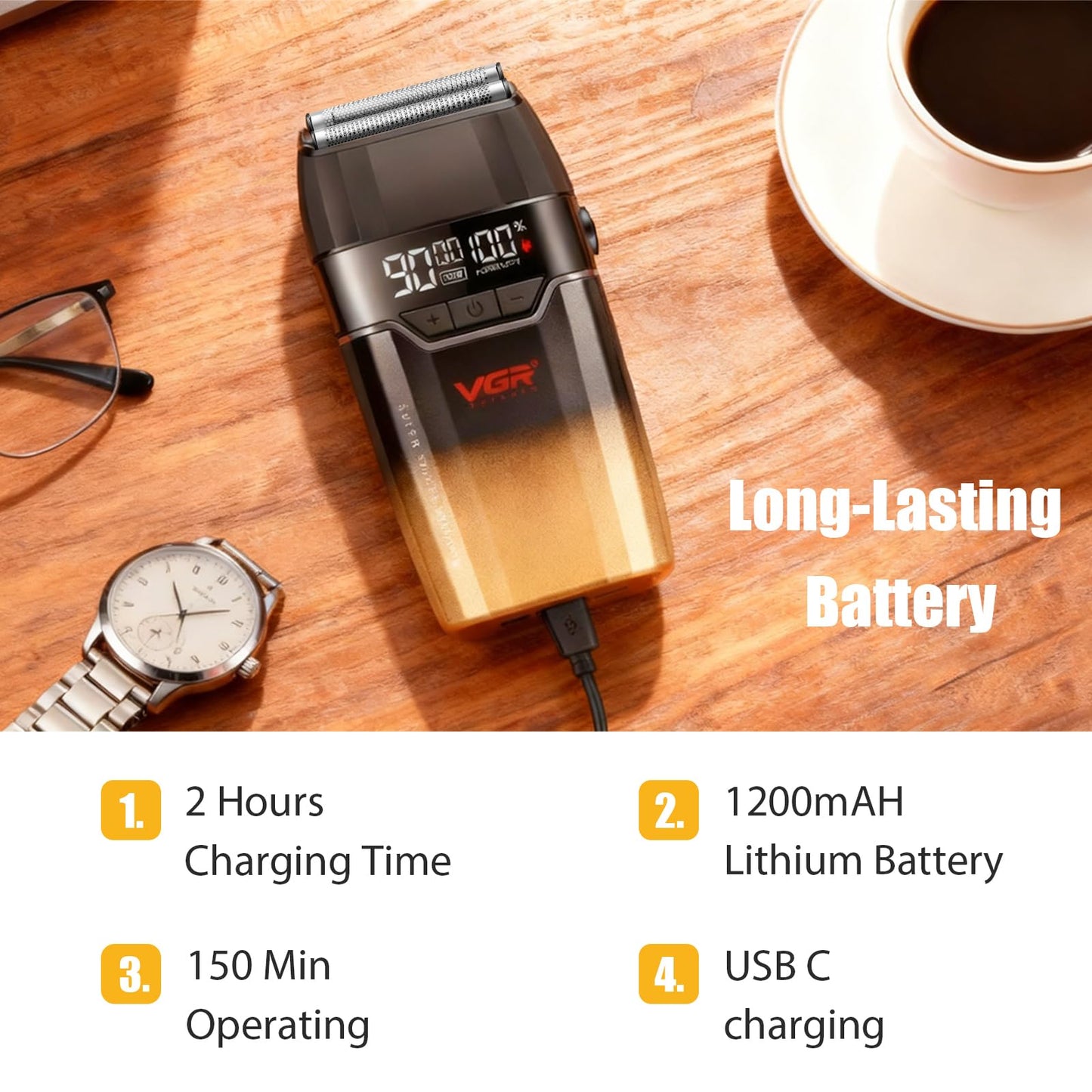 VGR 308 - Afeitadoras eléctricas para hombres, afeitadora profesional de doble lámina de 9000 RPM con láminas de titanio, pantalla LED, maquinilla de afeitar eléctrica recargable por USB para hombre