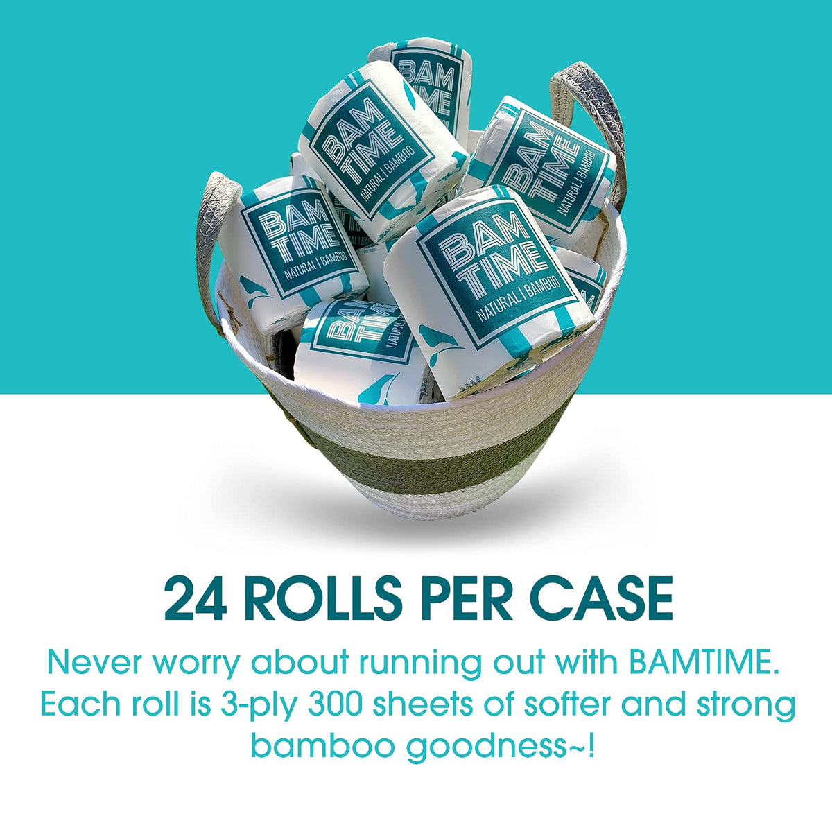 Papel Higiénico BAMTIME Bambú Acolchado 3 Capas, 24 Rollos para Camping y Caravanas