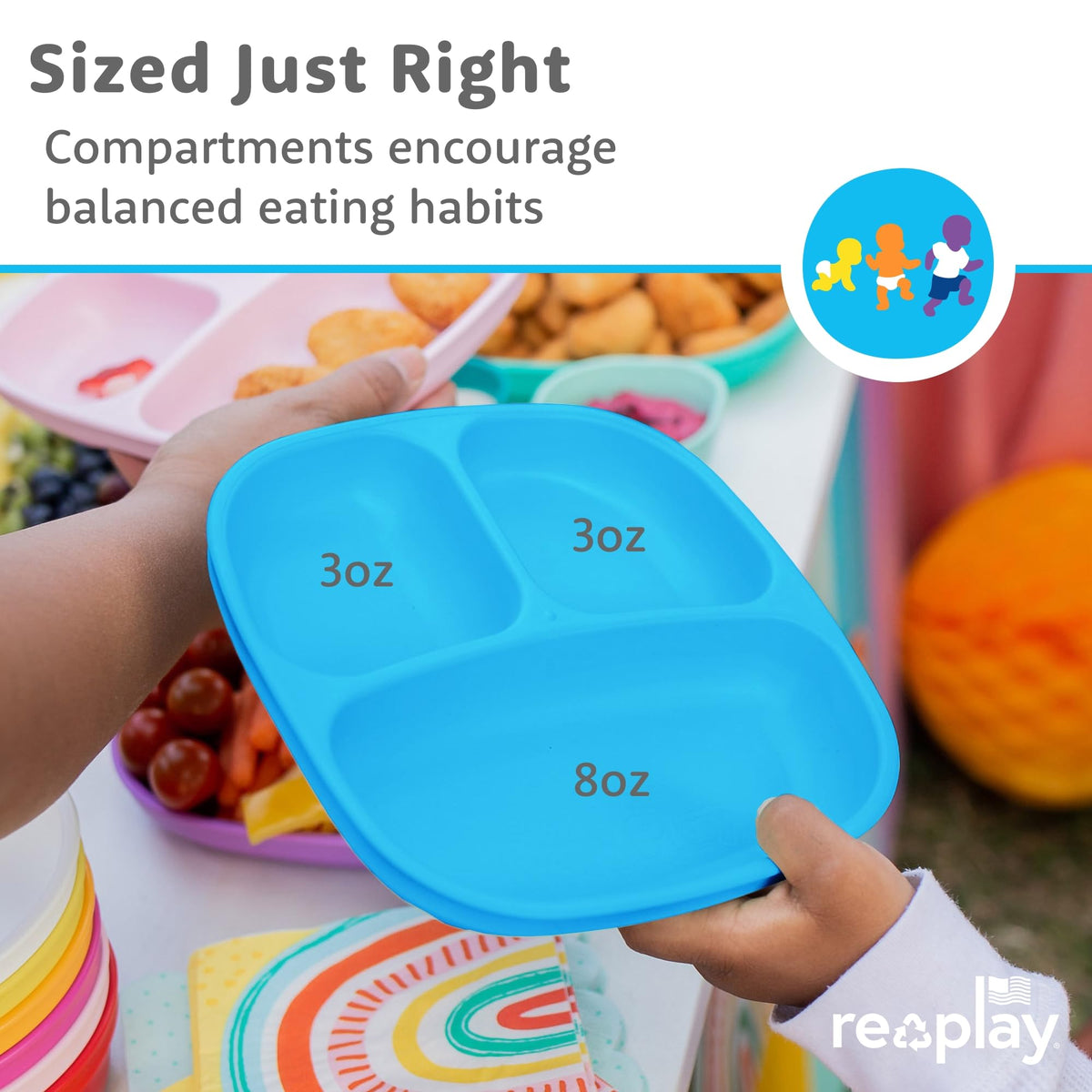 Re-Play - Juego de platos y utensilios divididos de 3 x 3 pulgadas, juego de tenedores y cucharas para niños pequeños, apto para lavaplatos y microondas, fabricado en Estados Unidos, color azul