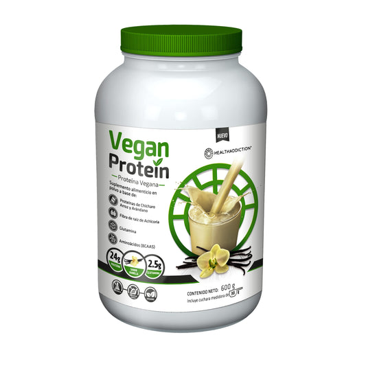 HEALTHADDICTION - Proteína Vegana con Sabor a Vainilla, Fórmula Potenciada con Glutamina y Aminoácidos, 24g de Proteína y 2.5g de Glutamina por Porción - Ingredientes Naturales, Presentación de 600g