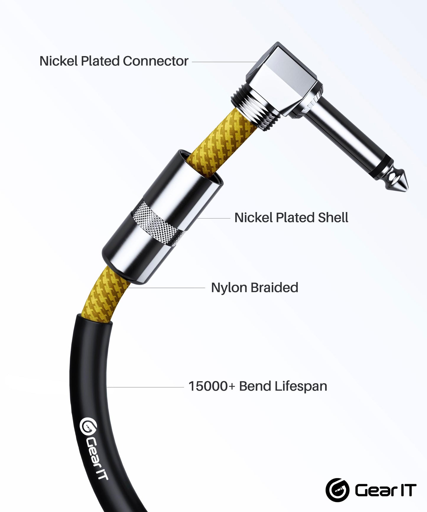 Cable de Audio para Instrumento GEARIit Café Amarillo Ángulo Recto a Macho Recto 1/4 Pulgadas para Guitarra Eléctrica y AMP