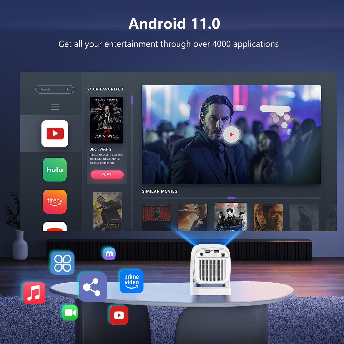 [Soporte 4K y enfoque automático] Mini proyector con WiFi 6 y Bluetooth 5.4, 4K Smart 1080P Proyector de película portátil para exteriores con aplicaciones integradas, giratorio de 180° y
