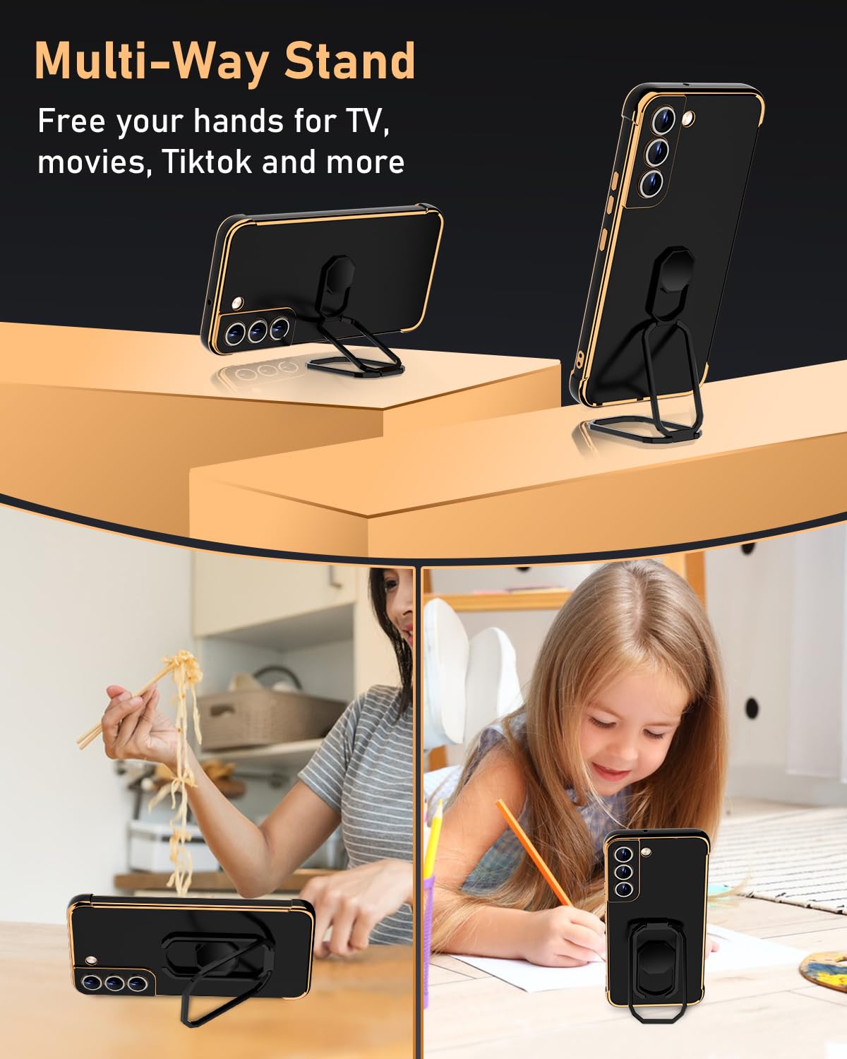 Funda Protector de Lujo WINTONG Negro con Soporte de Metal para Galaxy S22 para Mujer y Niña