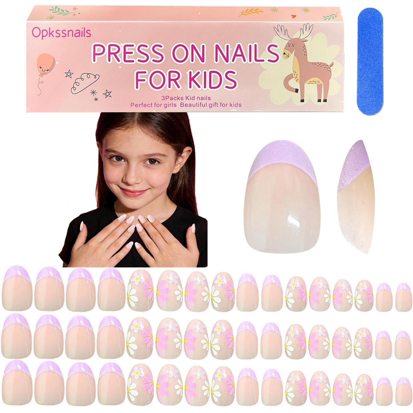 OPkssnails 96 uñas postizas para niños, 3 paquetes de uñas postizas ovaladas cortas con forma de flor para niñas adolescentes de 8 a 12 años, con lima y pulidor de uñas, 16
