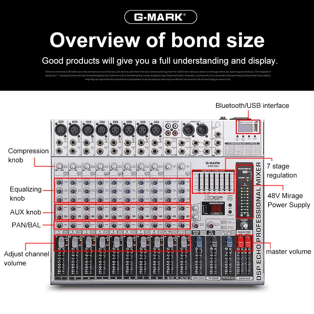G-MARK GMX1200 Mezcladora de Audio 12 Canales 16 DSP Efectos Consola de Audio USB Interfaz Bluetooth DJ Mixer con Alimentación Phantom 48V Consola De Sonido para Computadora Grabación Broadcast