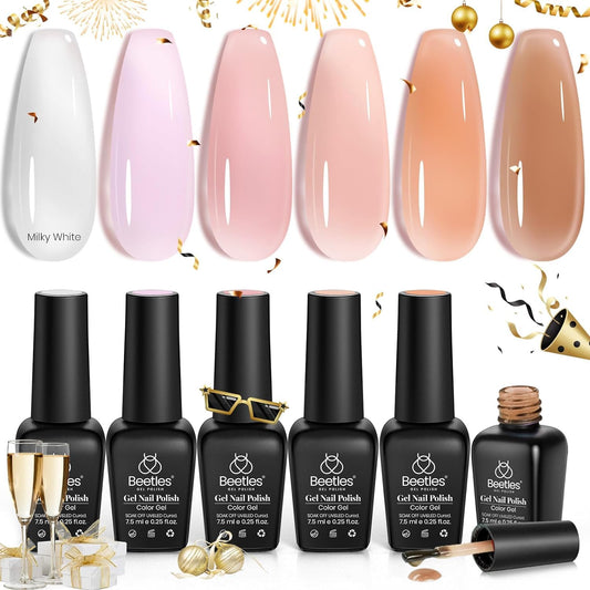 Beetles Esmalte en Gel de Uñas- 6 Colores Ultimate Monochrome Colección Esmalte en Gel de Gelatina Transparente de Esmalte en Gel Blanco Lechoso Transparente Rosa Soak off UV Gel Salon DIY Esmalte Gel