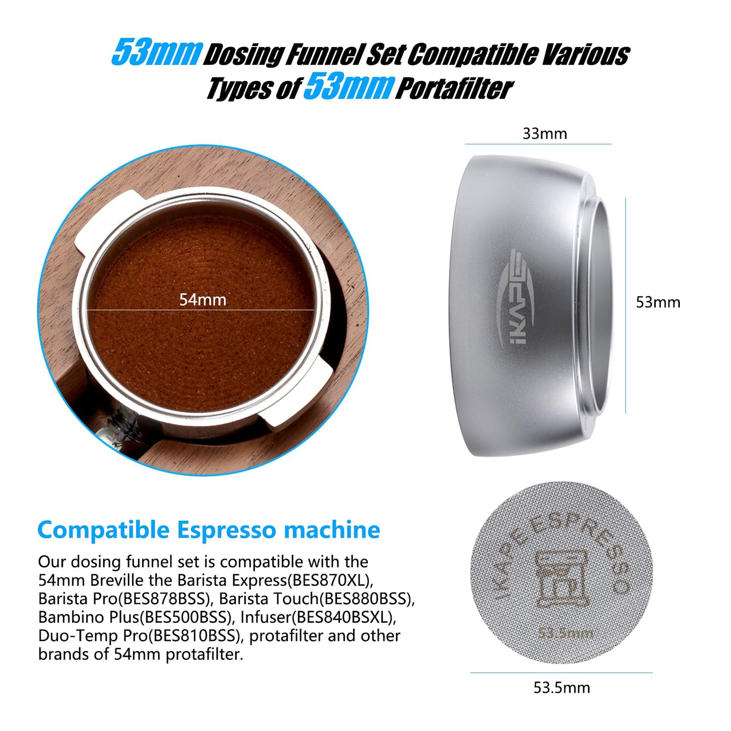 IKAPE - Juego de embudo de dosificación magnética, anillo de dosificación espresso de 53 mm y kit de visualización de disco compatible con portafiltro Delonghi de 54 mm sin fondo - con 8 imanes pequeños (plata)