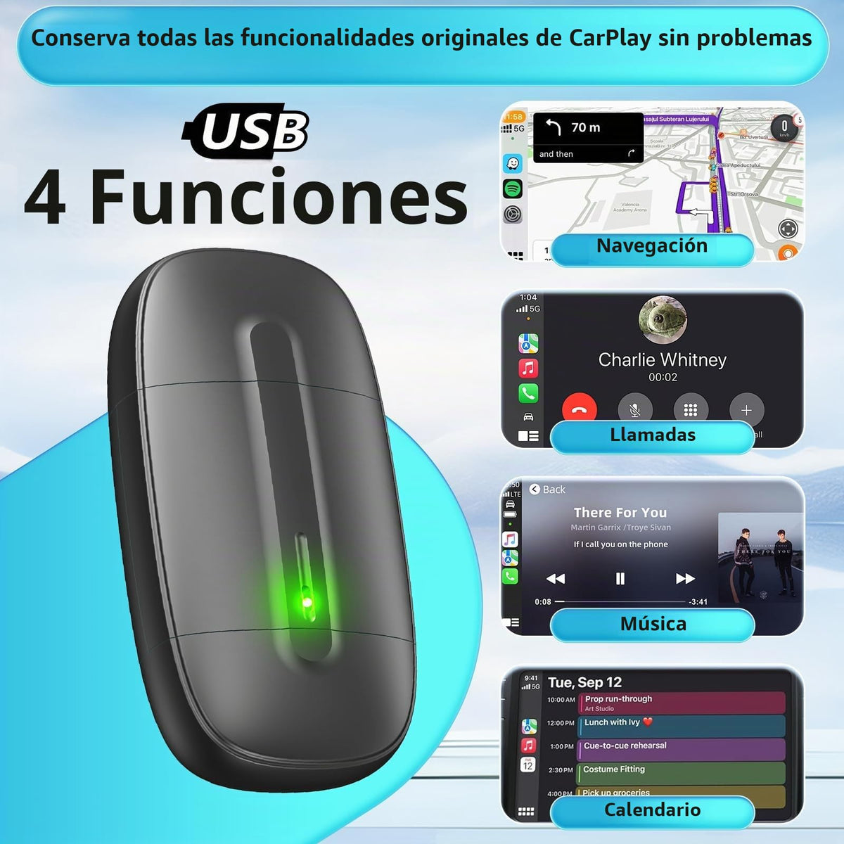 Adaptador Inalámbrico CarPlay Apple para Convertir CarPlay con Cable a Inalámbrico Compatible con iOS 10+ y Autos 2017+ Conexión Estable