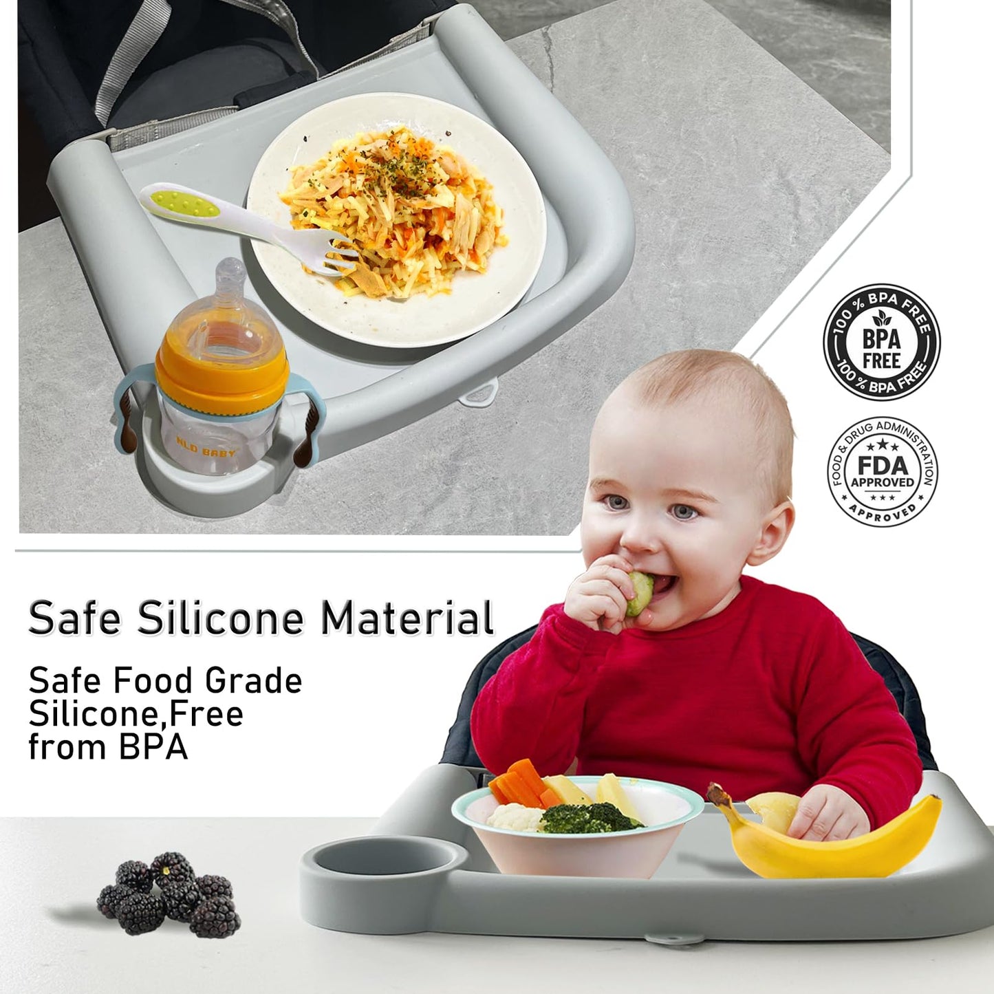 Bandeja de alimentación para bebé compatible con Silla de mesa Fast de Inglesina Bandeja de alimentación para bebé de silicona para silla de mesa Fast con clip. Bandeja desmontable para comer de