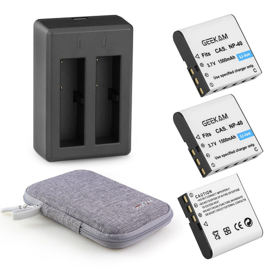 GeeKam NP-40 - Batería recargable de 1500 mAh (paquete de 3) con cargador dual USB para videocámaras, compatible con Casio NP-40