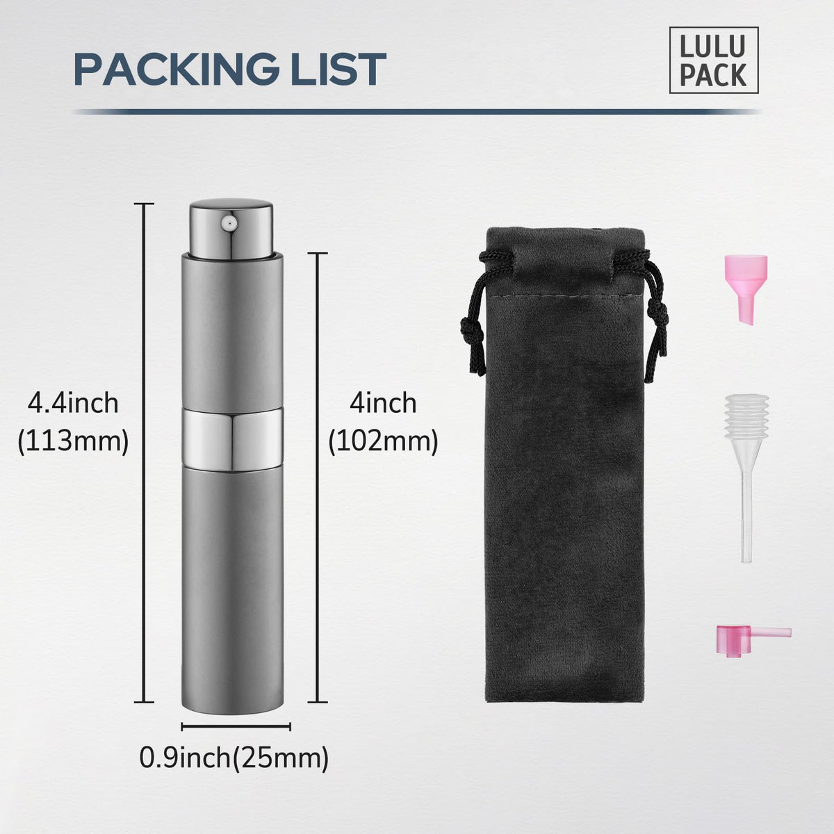 Lulupack - Atomizador de perfume de 10 ml (3 unidades), botella de aerosol de colonia, pulverizador portátil recargable de viaje (negro, plateado, gris)