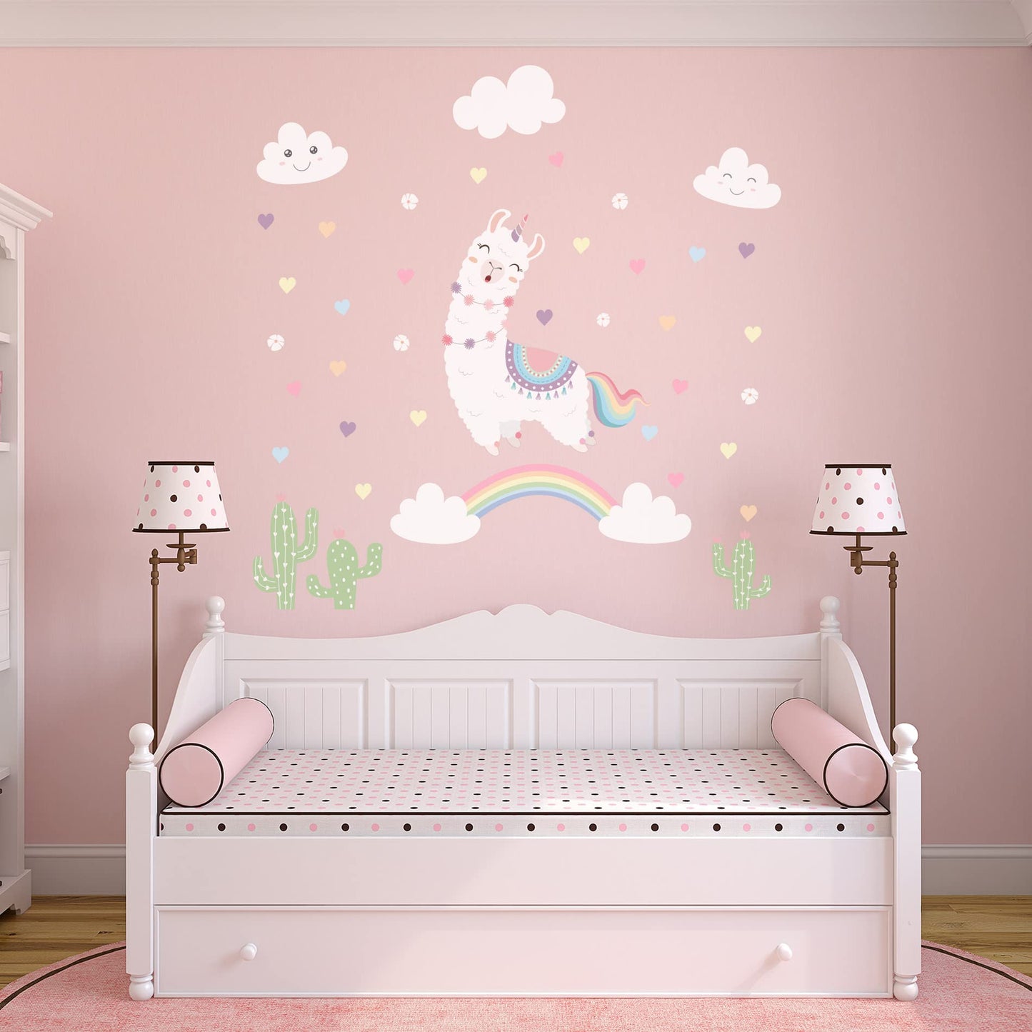 Calcomanías de pared con diseño de unicornio de llama blanca y corazones para habitación de niñas, niños y calcomanías