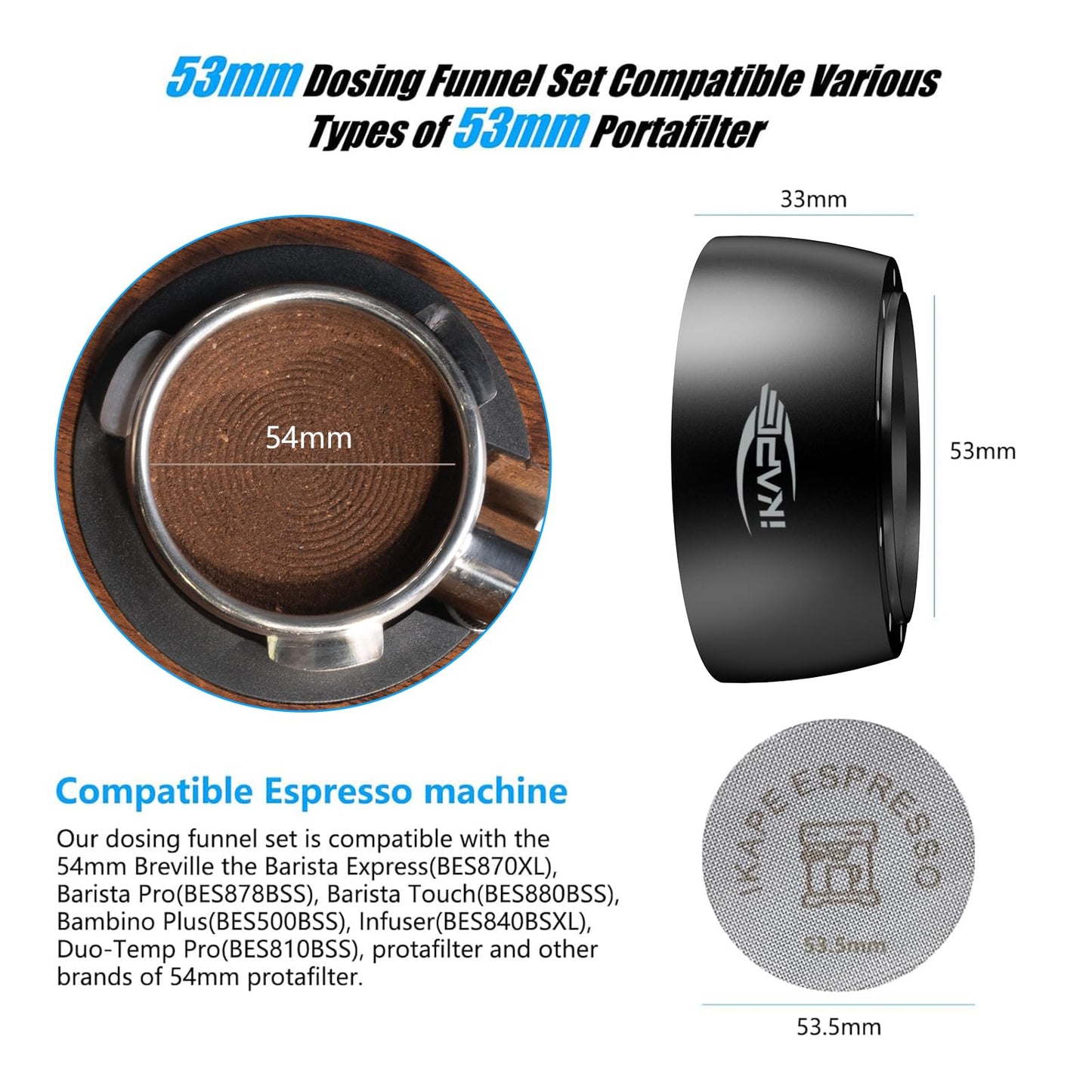 IKAPE Juego de Embudo Dosificador Magnético, Anillo Dosificador de Espresso Y Kit de Pantalla de Disco Compatible con Portafiltro Sin Fondo Breville de 54 mm, con 8 Imanes Pequeños 53Mm Negro