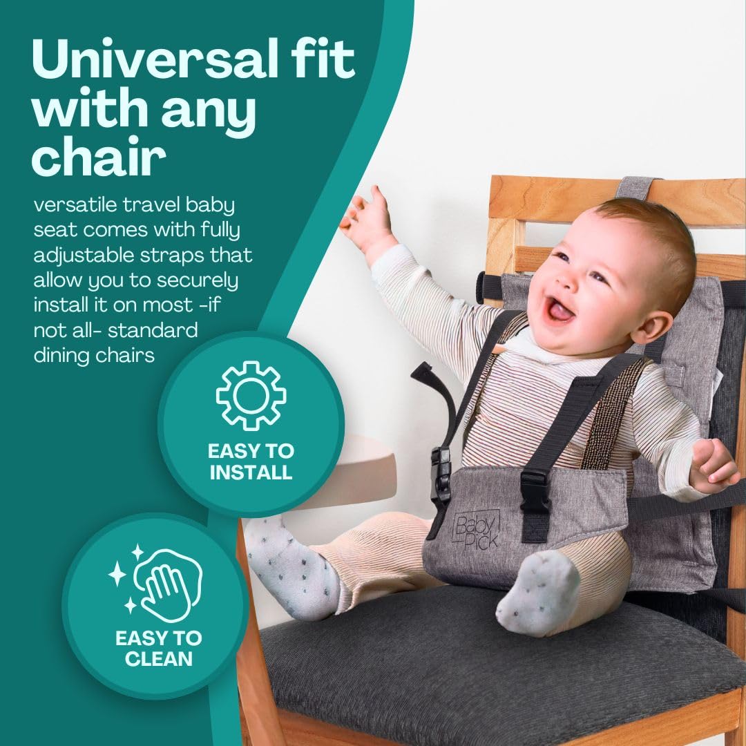 Silla alta portátil para viajes por Baby Pick – Asiento de arnés, equipo plegable y ligero, correas ajustables para bebés y niños pequeños, compacta y segura, lavable a máquina, imprescindible para