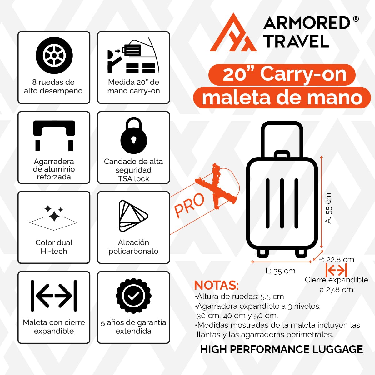 Maleta De Viaje Carry On 20" de Mano Cabina Policarbonato 10kg Rígida Expandible PRO-X Con * TSA Lock * Luggage suitcase Armored Travel (Luna-Plata)