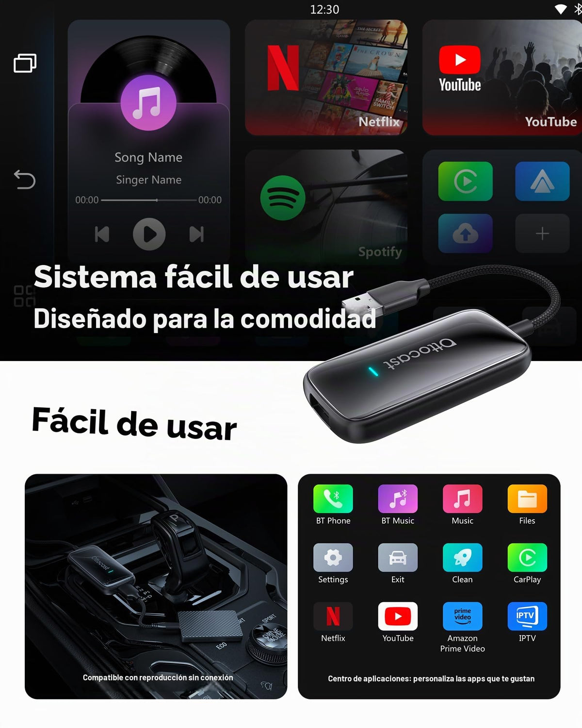 Adaptador Inalámbrico OTTOCAST Play2Video Ultra WiFi 5 GHz Compatible CarPlay y Android Auto para Coche
