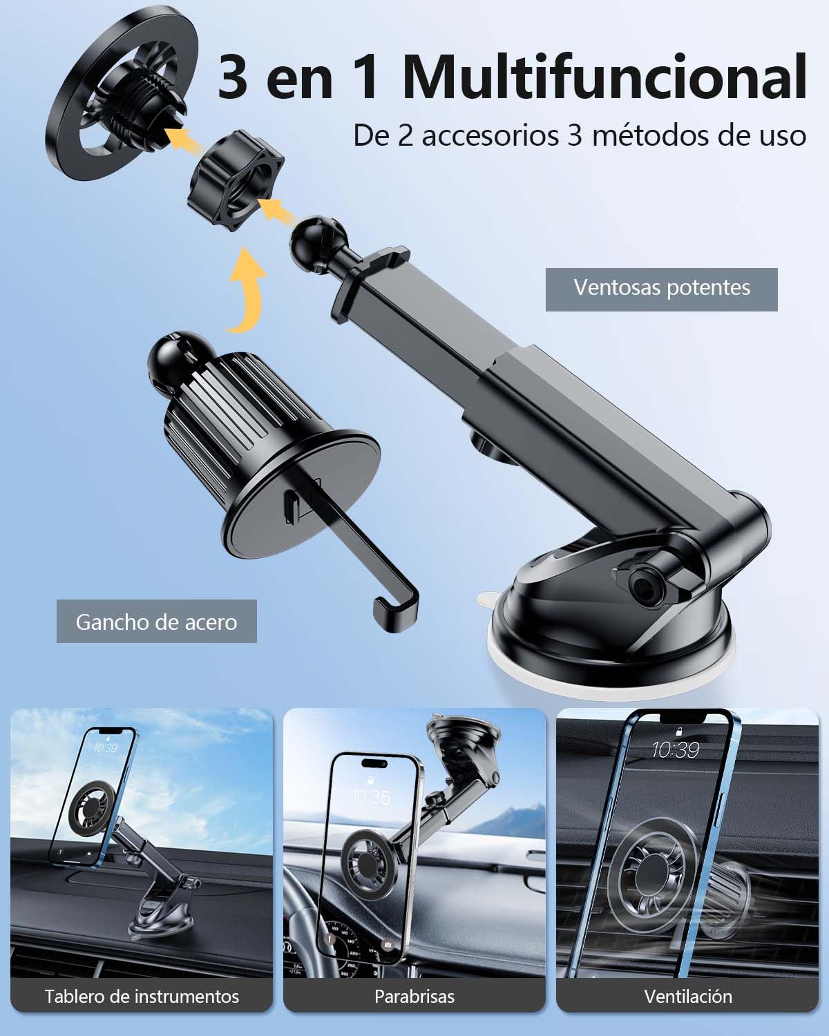 BYASKZIV Soporte para Celular Automovil 3 en 1, Magnético Porta Celular para Auto con Gancho y Ventosa para Rejilla o Parabrisas, para iPhone 15/14/13 Pro MAX, Huawei, Motorola, Xiaomi 14 Ultra