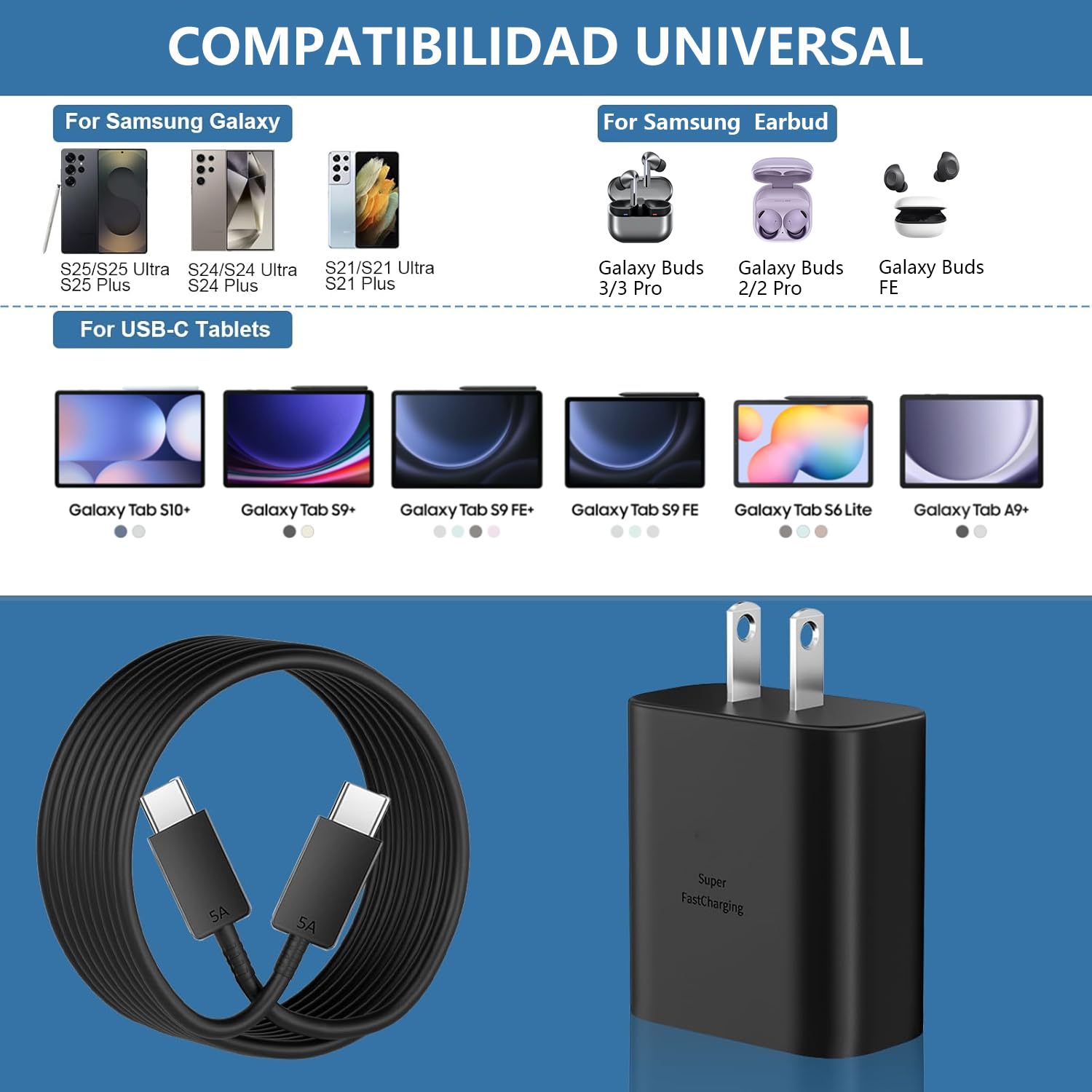 Lifedance 2 Piezas Cargador Tipo C, Cargador 45W Carga Rápida, para Galaxy S25 Ultra/S25/S24 Ultra/S24/S23 Ultra/S23/S22/S21 /Note 10/Note 20/S20, Galaxy Tab S10/S9/S8,con un Cable de 1,5mtr (Negro)