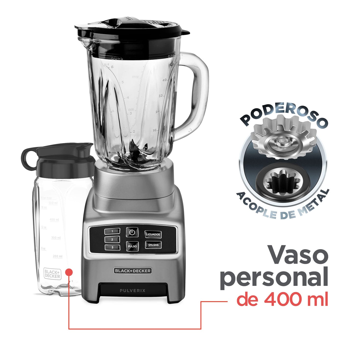 BLACK+DECKER Licuadora Pulverix Digital, con Vaso Personal, 3 Velocidades con 6 Cuchillas y Jarra de Vidrio 1.5lts, 700 Watts de Potencia, BL1840MS-MX
