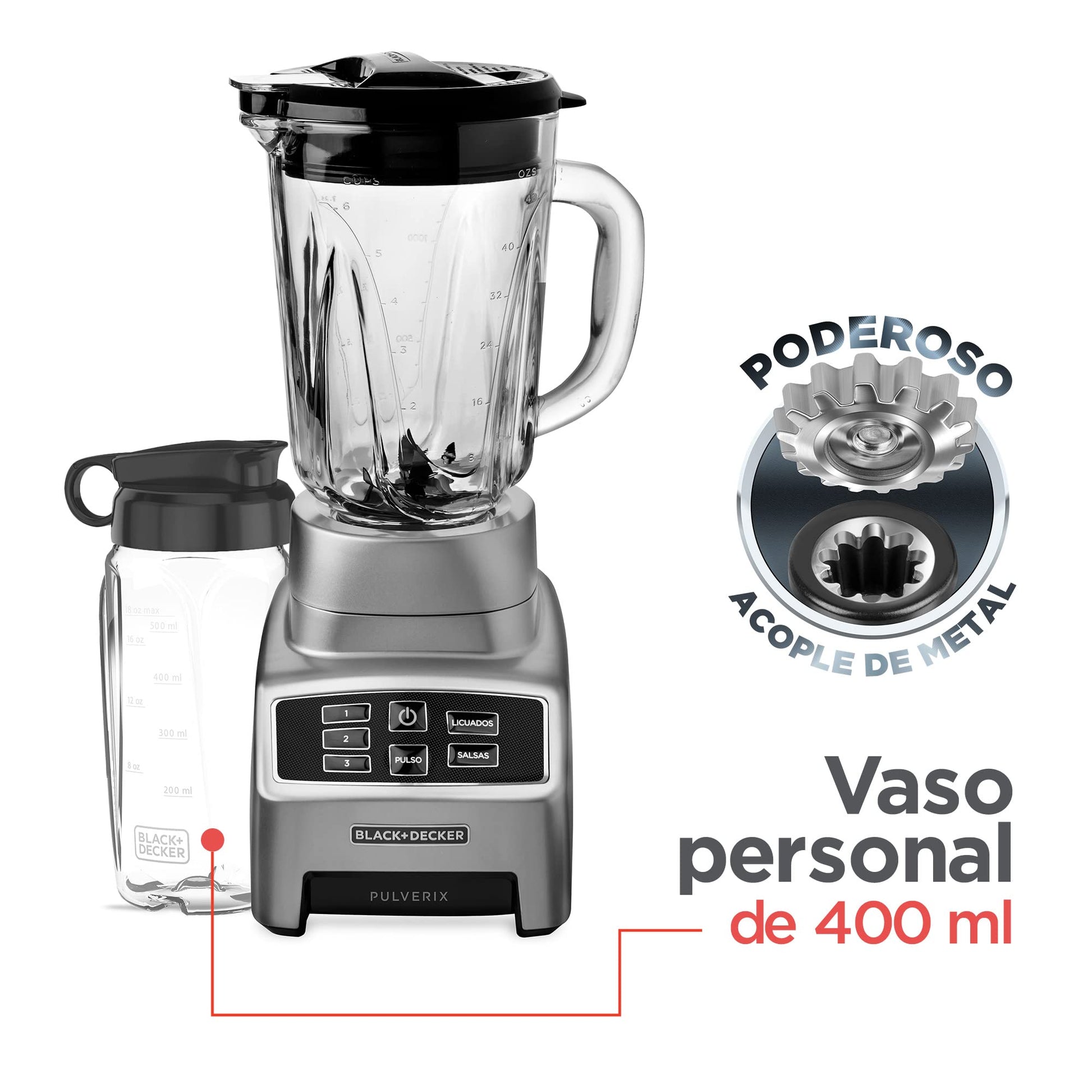BLACK+DECKER Licuadora Pulverix Digital, con Vaso Personal, 3 Velocidades con 6 Cuchillas y Jarra de Vidrio 1.5lts, 700 Watts de Potencia, BL1840MS-MX