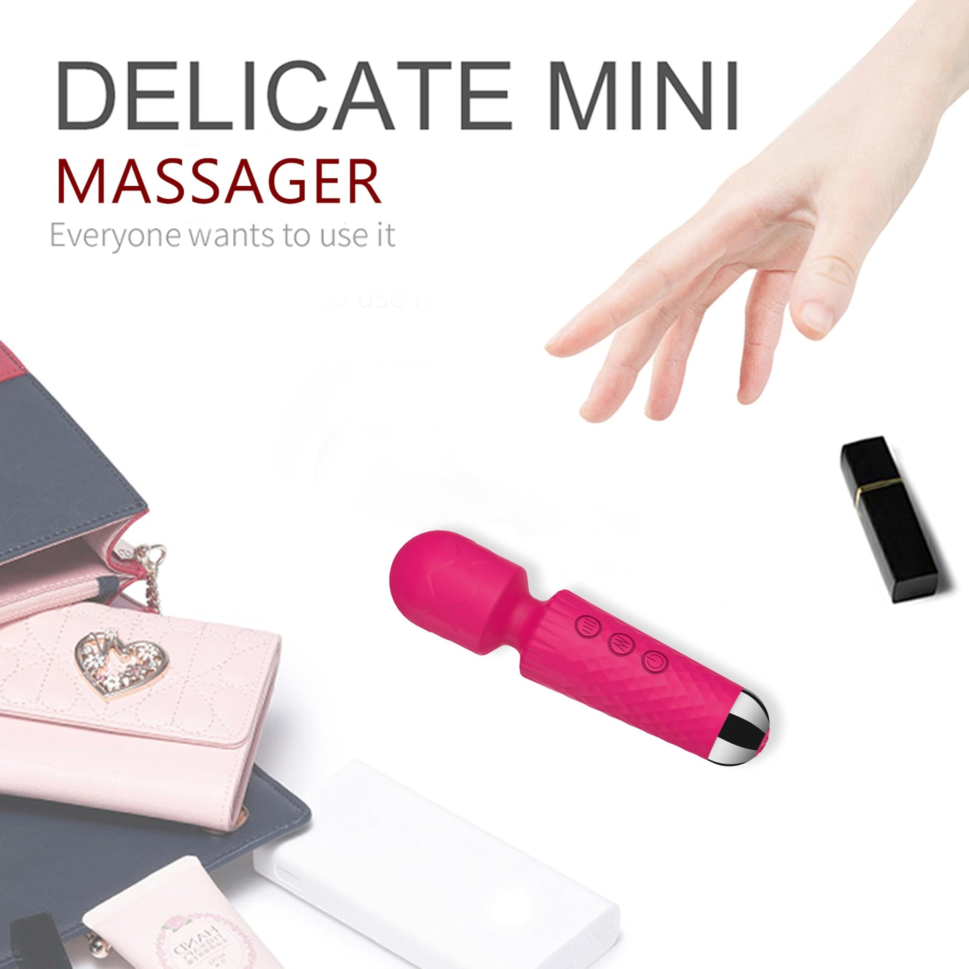 CHARMING Mini masajeador de espalda vibrante personal mejorado de 10 patrones, pequeño masajeador de vibración de mano, hombres y mujeres, perfecto para aliviar la tensión corporal, músculo, dolor, recuperación, rojo rosa, 4.9 x 1.3 pulgadas