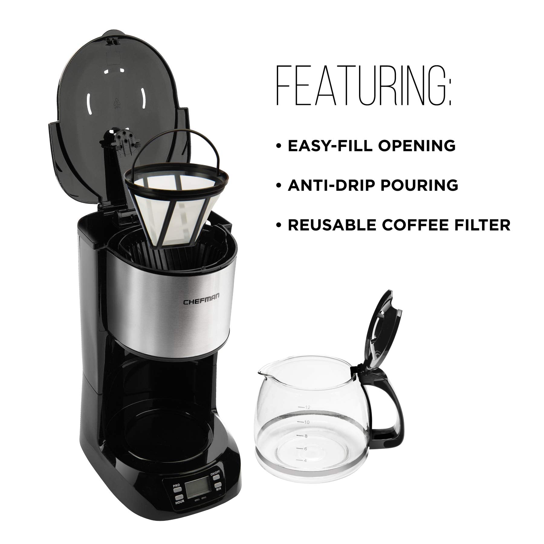 Chefman | Cafetera Programable | 12 tazas | Goteo | Filtro Reutilizable | Acero Inoxidable