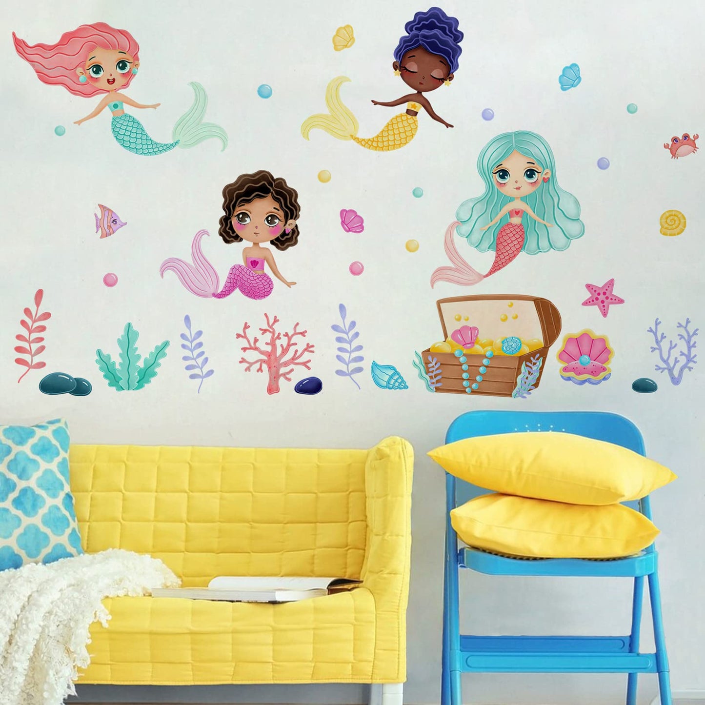 Mfault - Calcomanías de pared de sirena negra bajo el mar, multiculturales criaturas del océano, decoración del cuarto de bebé, arte de sala de juegos, playa costera, burbuja, habitación de niños, cuarto de baño, decoración del hogar