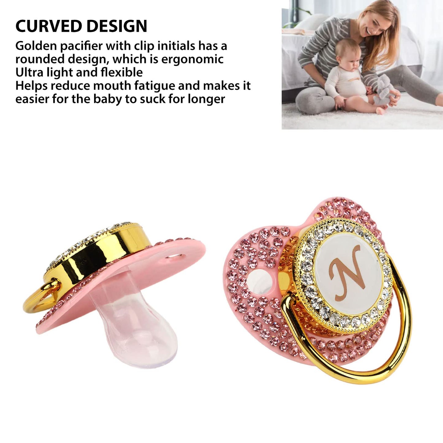 Chupete de Silicona Sorandy Dorado Curvo con Clip de Letras y Diamantes de Imitación para Bebé