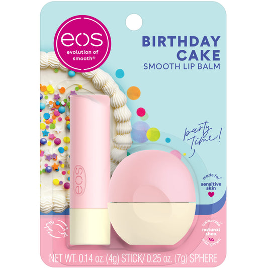 eos Super Soft Shea Lip Balm - Birthday Cake | 24 Hour Hydration | Lip Care to Moisturize Dry Lips | Gluten Free | 0.25 oz Sphere + 0.14 Stick