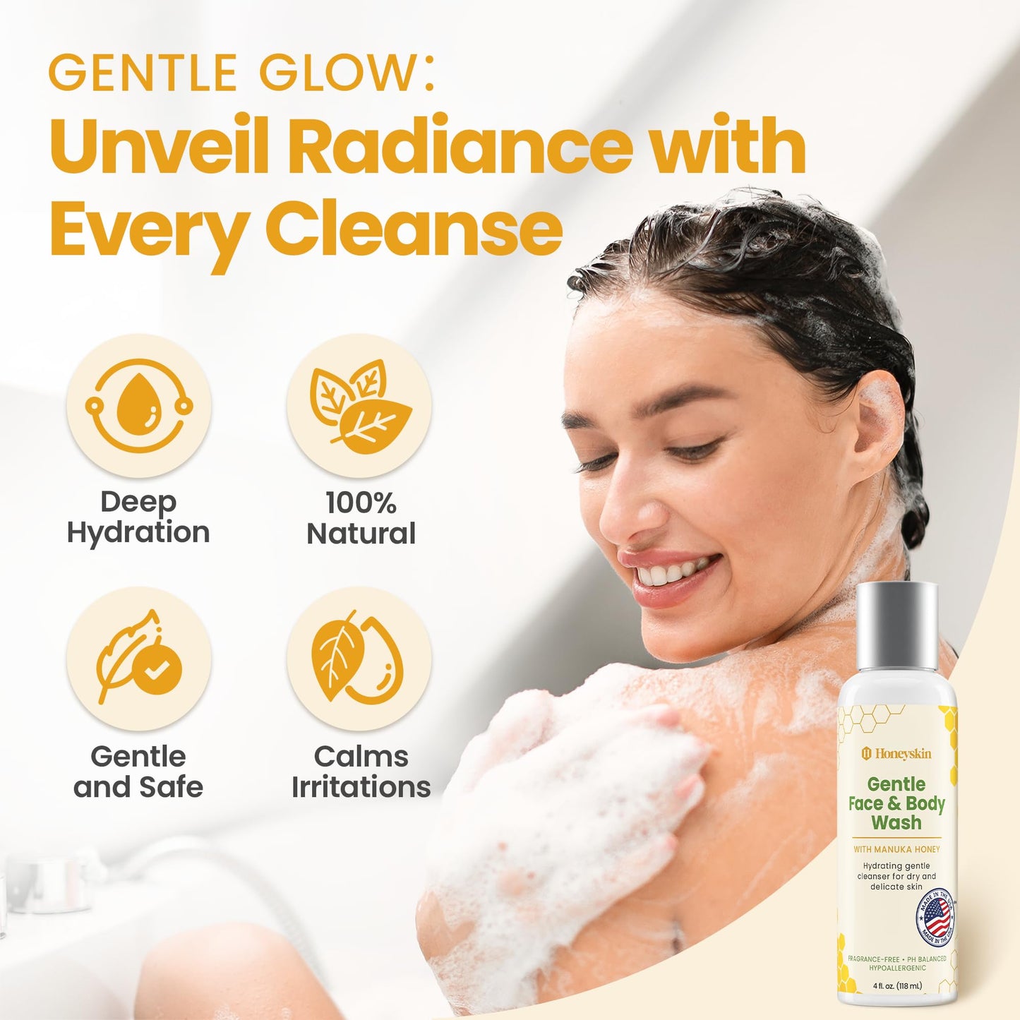 Gentle Moisturizing Organic Face & Body Wash (4 oz) Manuka Honey, Eczema, Psoriasis, Acne, Rosacea, Aloe Vera, Botanicals, No Parabens, No Sulfates, No Fragrance, Non-Allergenic by Honeyskin
