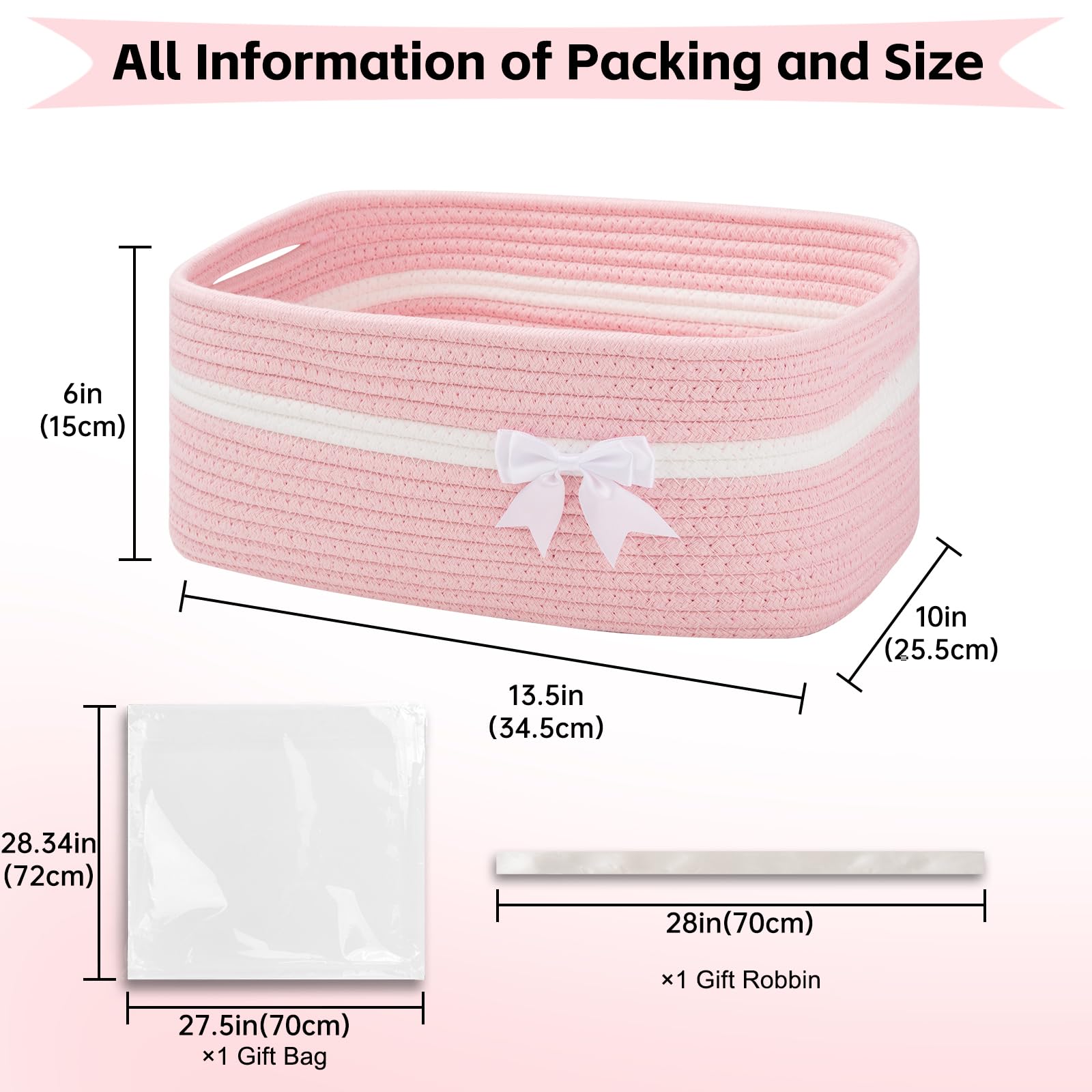 OIAHOMY - Cesta de almacenamiento tejida grande con asas para guardería, estantes de sala de estar, cesta de lazo para regalos vacía con bolsas de regalo y cintas para baby shower, contenedor de
