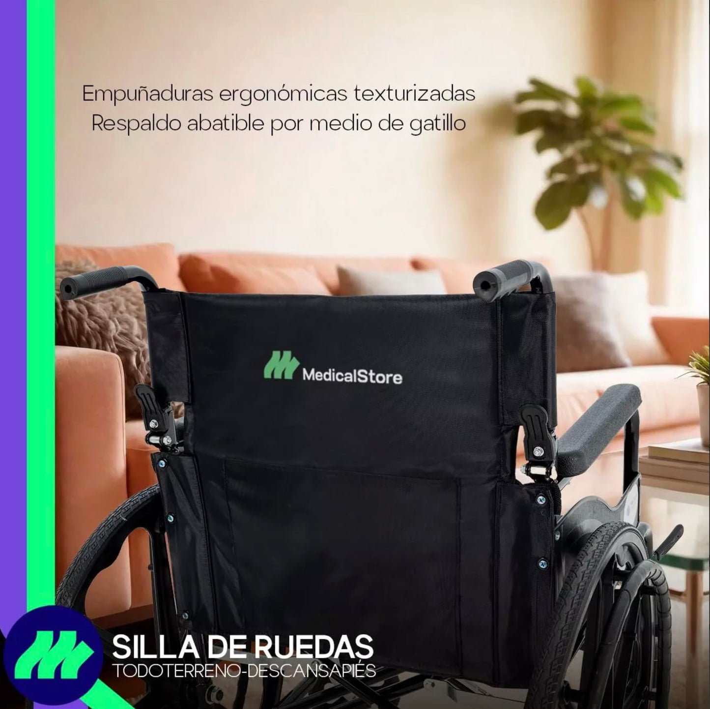 Silla De Ruedas Medical Store Negra Todo Terreno Plegable Con Freno De Mano Adulto Mayor