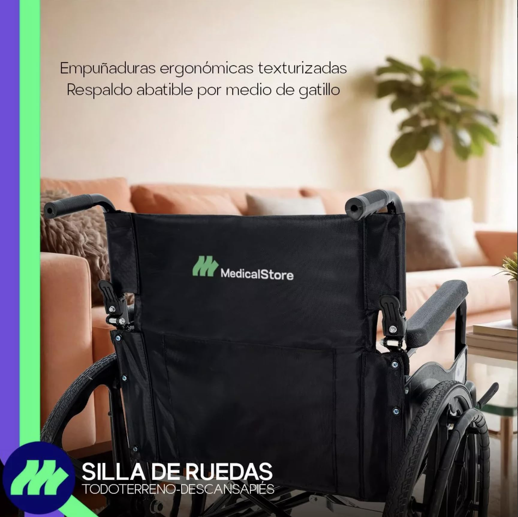 Silla De Ruedas Medical Store Negra Todo Terreno Plegable Con Freno De Mano Adulto Mayor