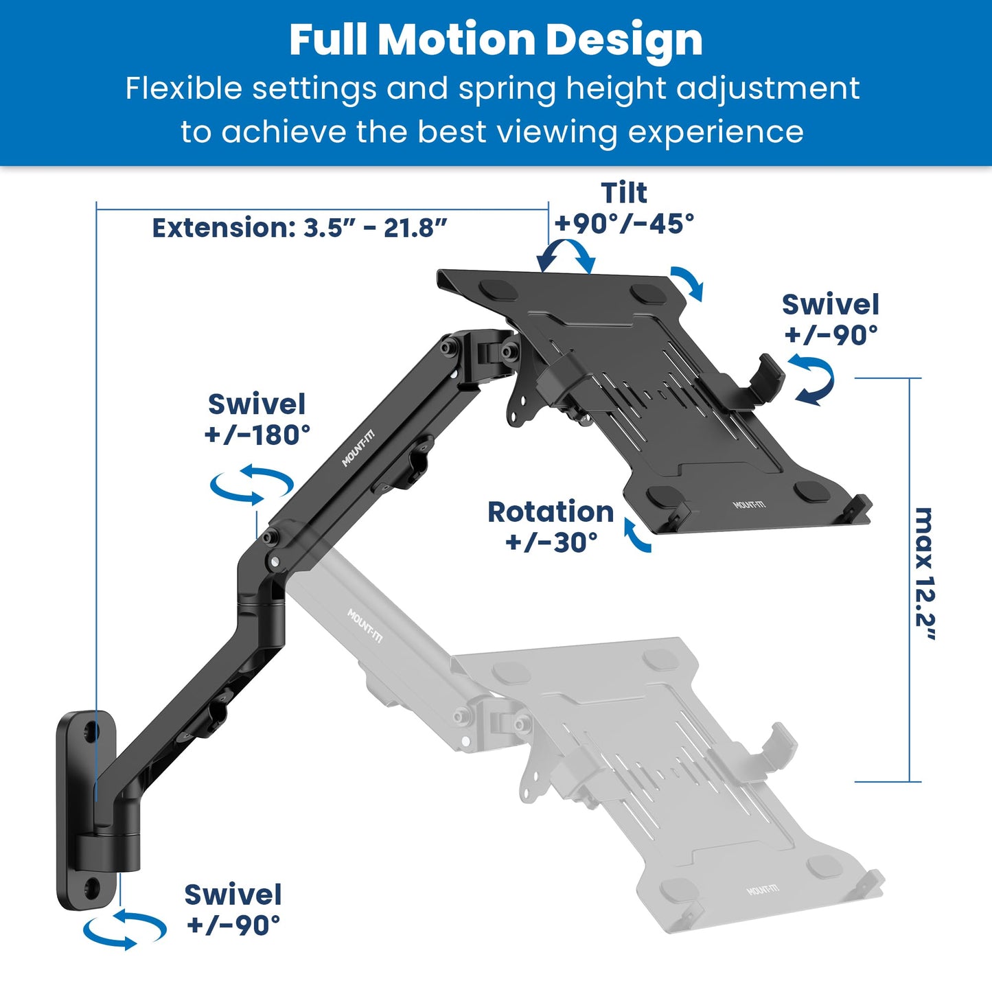 Brazo Ergonómico para Portátil Mount-It! Negro Ajustes de Movimiento Completo y Diseño Versátil