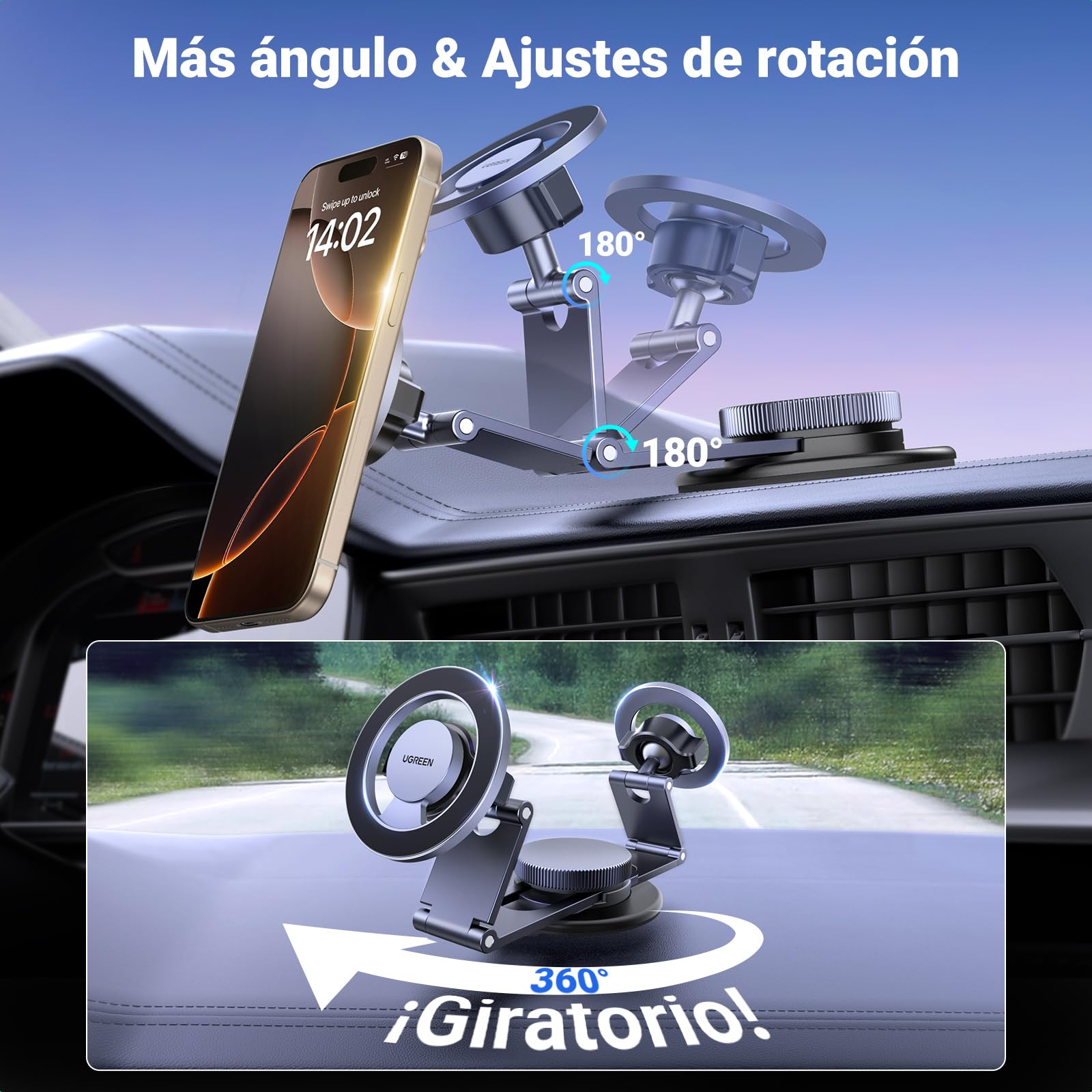 UGREEN Soporte Celular Magsafe de Auto Rotación de 360°, Base Porta automóvil magnético con Ventosa Compatible con iPhone 16 15 14 13 12 Series y Funda MagSafe