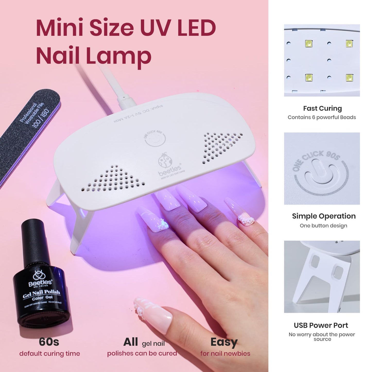 Kit de esmalte de uñas en gel Beetles Nude Pink con lámpara de uñas con luz LED UV, kit de inicio de 6 piezas, capa superior de gel base, juego de esmalte de gel Soak Off Nude Pink con lima de uñas para manicura DIY, uñas neutras, regalo para mujeres