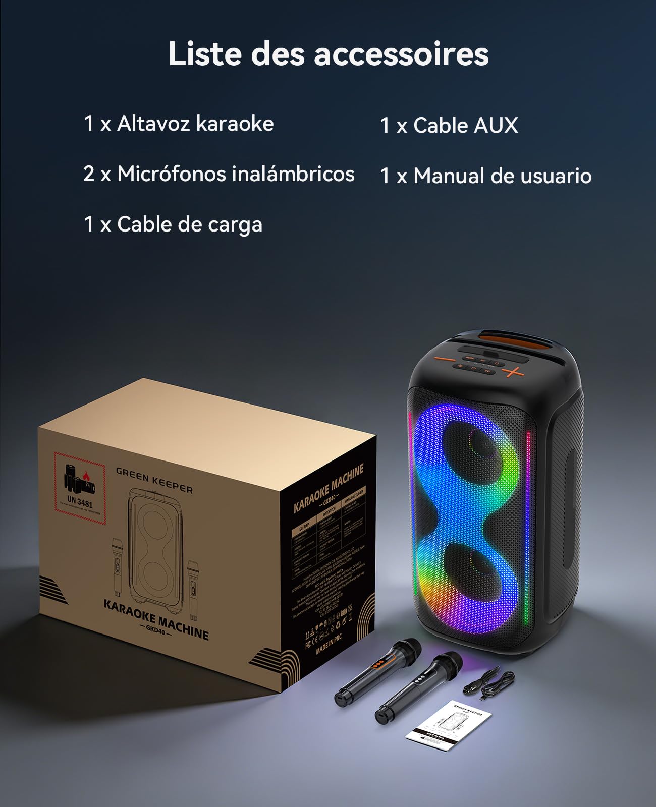 GKD40 Máquina de Karaoke Portátil para Niños y Adultos. Altavoz Bluetooth con Sistema PA, 2 Micros Inalámbricos Recargables y Luces LED. Woofer 4", Ideal para Casa, Fiestas al Aire Libre y para Cantar