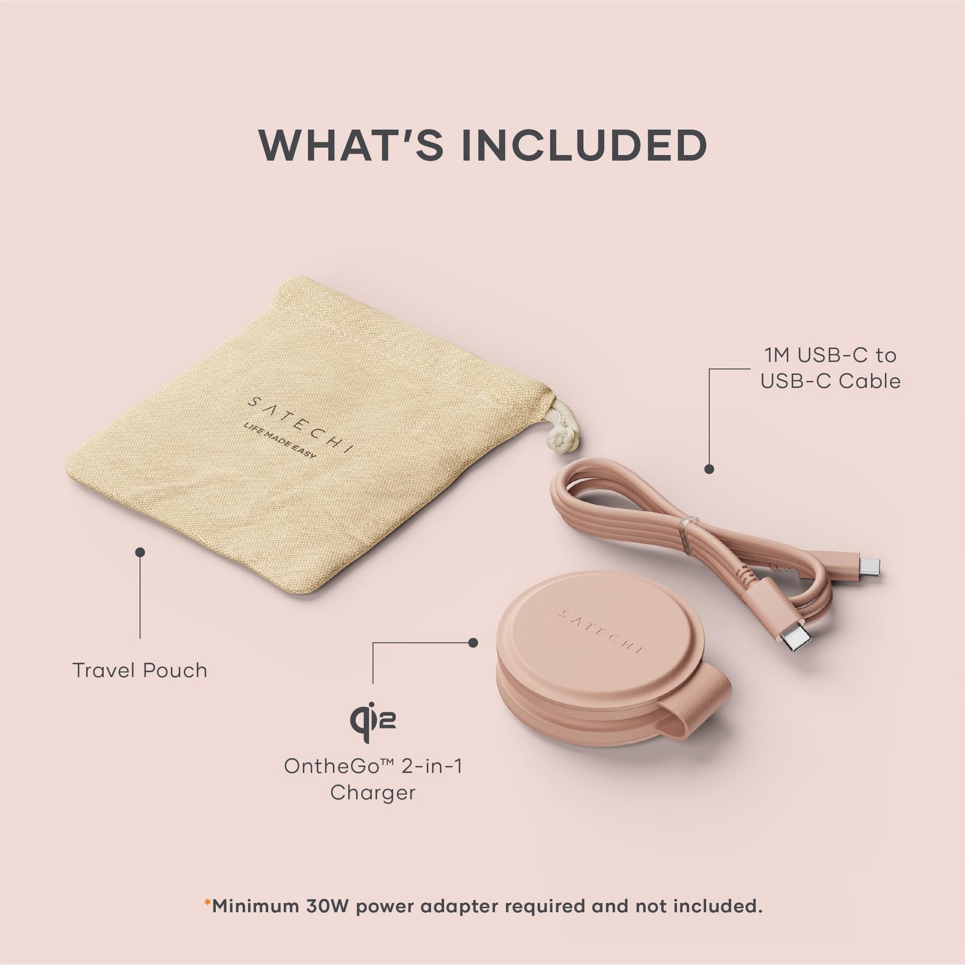 SATECHI OntheGo™ Cargador Inalámbrico 2 en 1, Cargador Portátil Qi2 con Carga Rápida de 15W para iPhone y 5W para Apple Watch, Estación de Carga Magnética de Viaje – Rosa Desierto