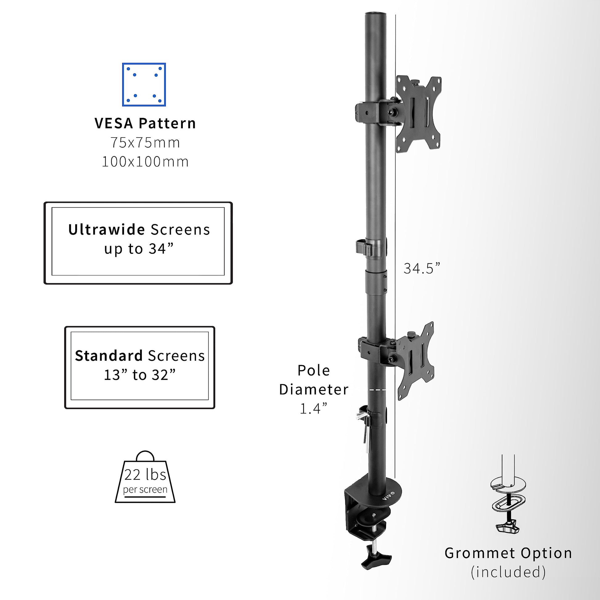 Soporte de Computadora VIVO Negro Ajustable Extra Alto para Monitor Vertical 34 Pulgadas